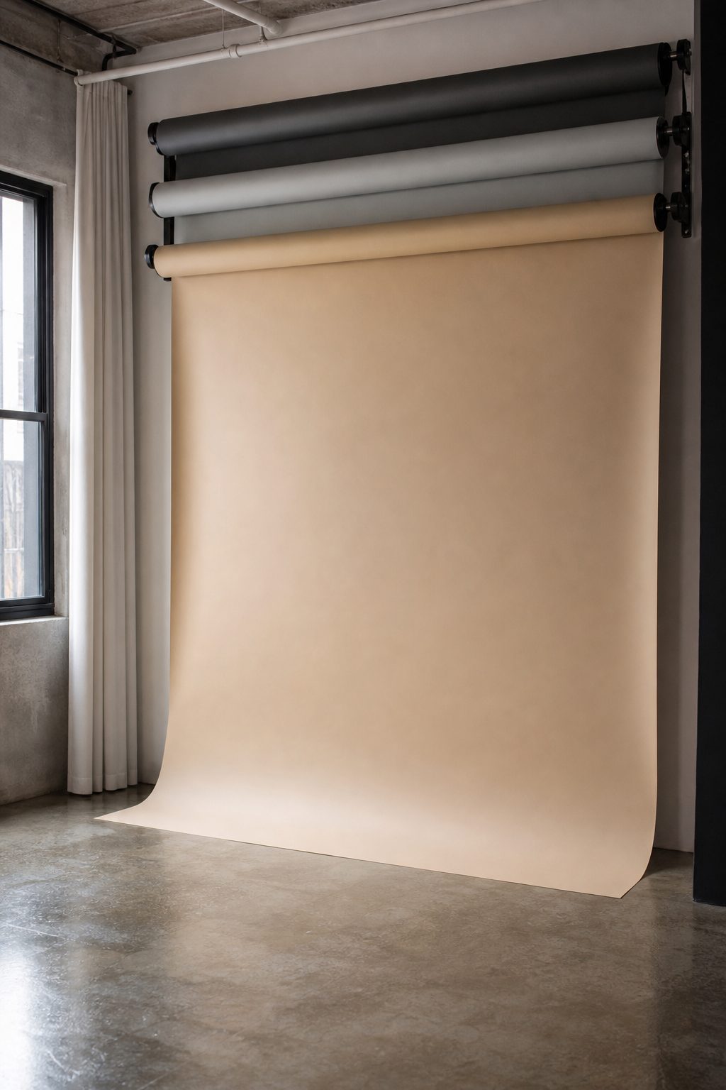 Photo backdrop wall with seamless paper backdrop rolls
